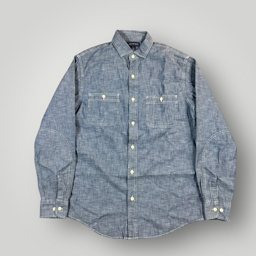 Lands' End Shirt Mens Small Blue Chambray Button Front‎ Long Sleeve Workwear